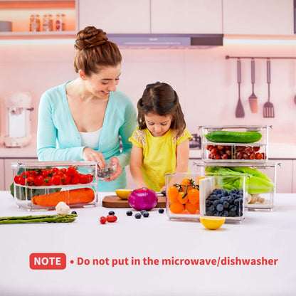 elabo Fruit Storage Containers Fridge Produce Saver- Stackable Refrigerator Organizer Keeper Drawers Bins with Lids and Removable Drain Tray for Veggie, Berry and Fruits, 1 Medium and 1 Large