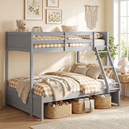 KOMFOTT Twin Over Full Bunk Bed, Pine Bed Frame with 3-Step Ladder, Full-Length Guardrails & 21 Wooden Support Slats, Solid Wood Bunk Bed for Teens, Kids, Adults, Dorms and Apartments (Grey)