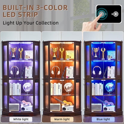 LELELINKY Farmhouse Glass Display Cabinet Set of 2 with Doors, Corner Curio Cabinet for Collectibles, Wooden Display Cabinets for Home, Office, Living Room, Corner, Walnut