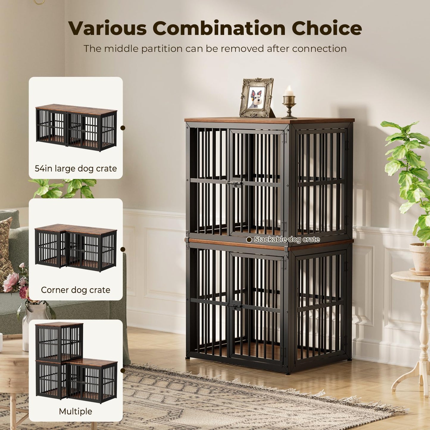 Lyromix 54'' Dog Crate Furniture with Double Rooms,Wooden Crate End Table Heavy Duty Indoor Puppy Cage for 2 Small Dogs, Multiple Units Can be Combined, Rustic Brown