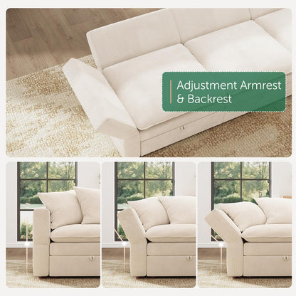HONBAY Modular Sectional Sleeper Sofa, Corduroy 6 Seater Couch with Storage, Sectional Sleeper Couches for Living Room, Beige