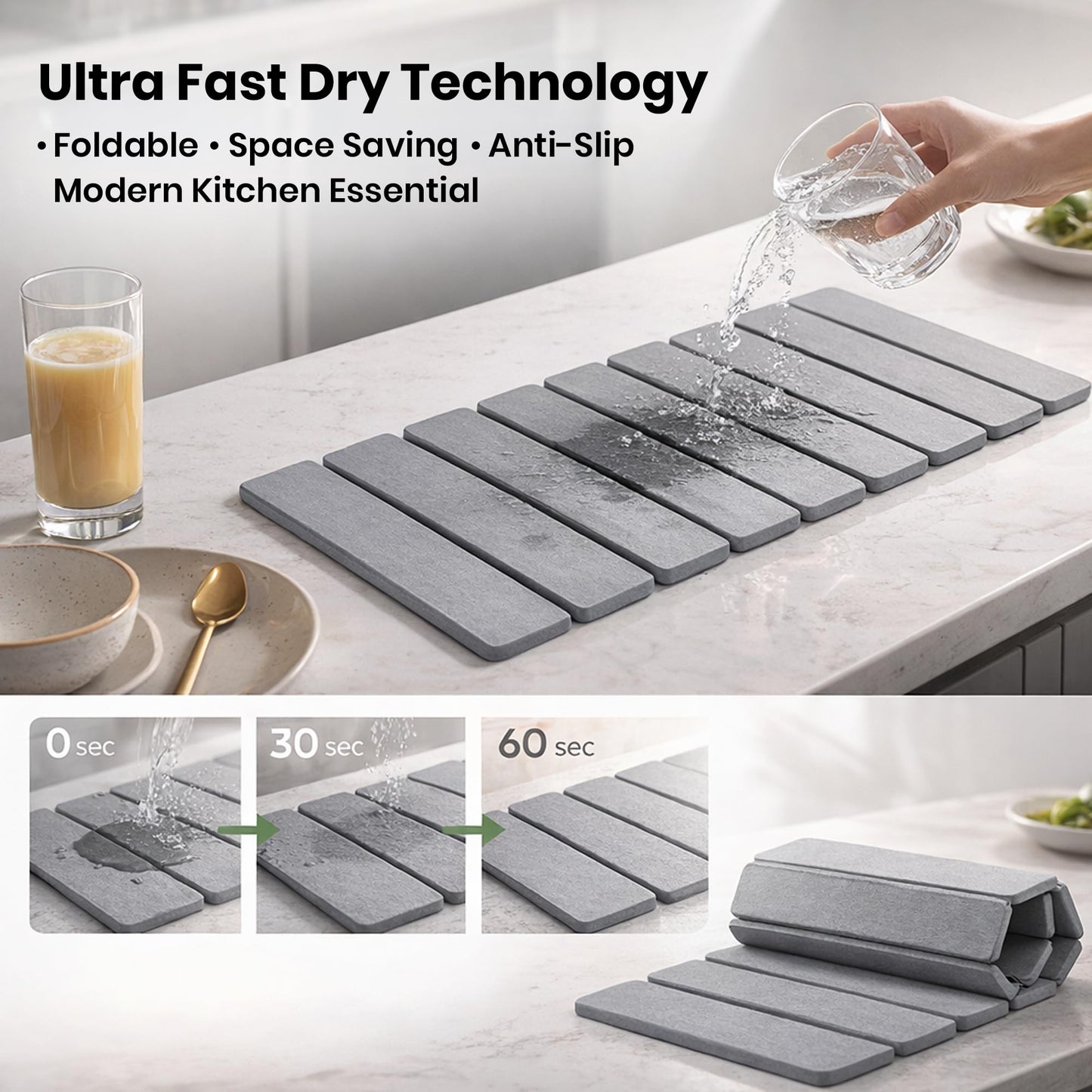 AUDRILO Kitchen Dish Drying Mat - Super Absorbent Microfiber Countertop Drainer Pad, Quick Dry Sink Mat for Dishes, Glassware & Utensils, Non-Slip Kitchen Counter Protector (Light Grey)