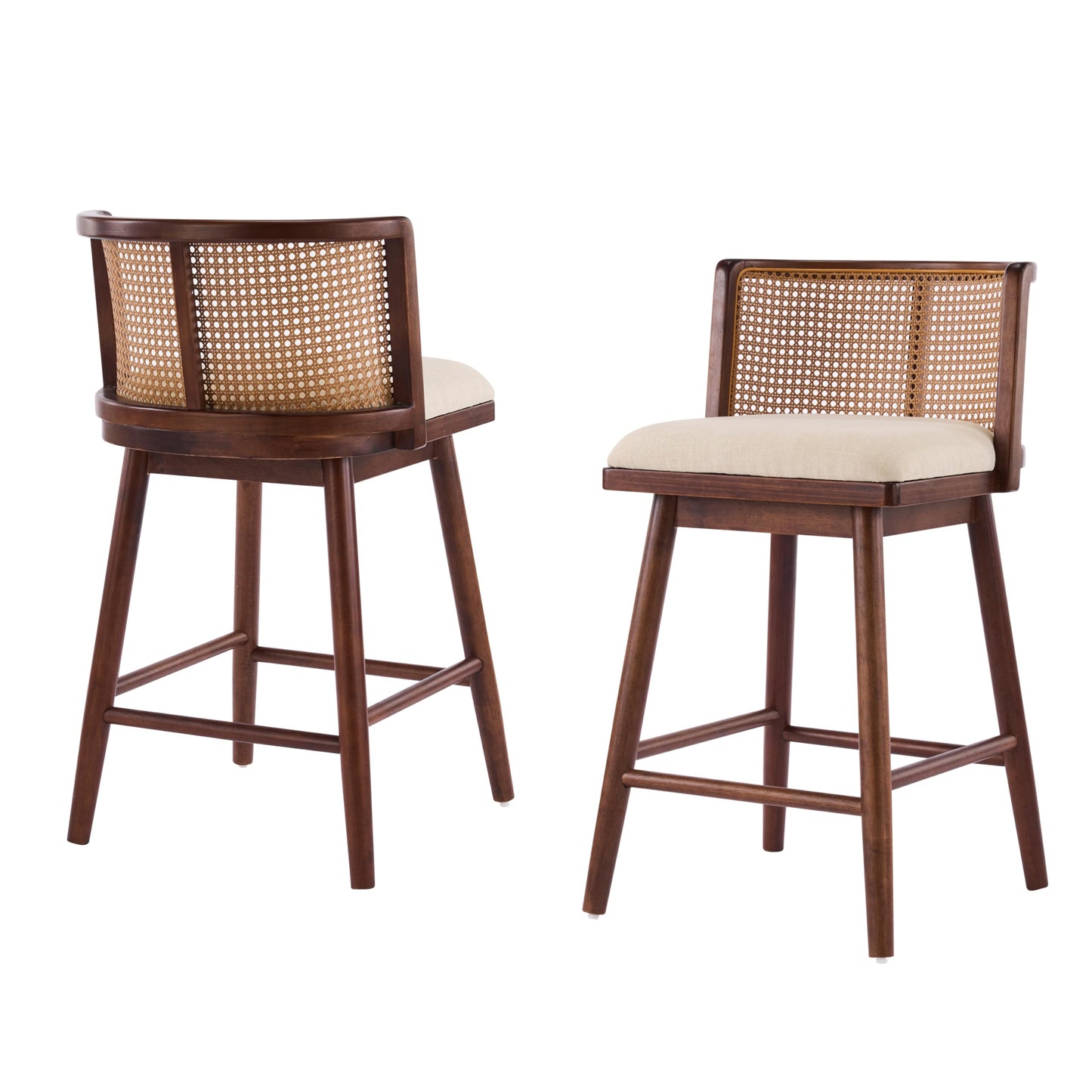 Christopher Knight Home Aphe Counter Height Bar Stools Set of 2, Fabric Upholstered Bar Stool for Kitchen Island, Rubberwood Counter Stools with Woven Rattan Backrest, Beige + Dark Walnut