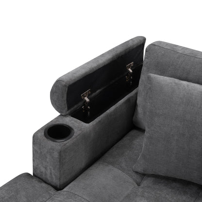 Merax 115.7" U-Shaped Chenille Sectional Sofa, 4 Seat Corner Couch Oversized with Built-in Cup Holders, 3 Pillows, Storage Space for Living Room, Grey
