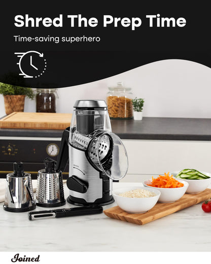 Joined Rotary Cheese Grater with Handle - Mandoline Slicer with 3 Stainless Steel Drum Blades-Vegetable Slicer Walnuts Grinder Cheese Shredder Round Mandoline with Peeler