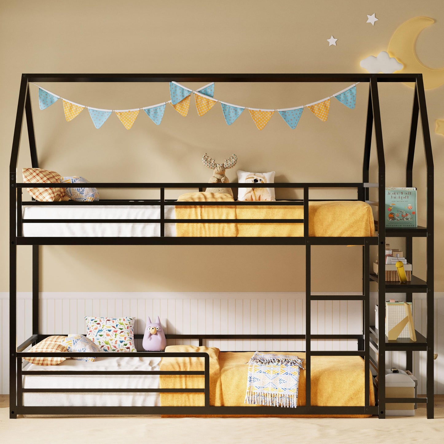 LIKIMIO Bunk Bed Twin Over Twin, Twin Bunk Beds Frame with 3-Tier Storage Bookshelf, Metal Twin House Bed Ladder and Safety Guardrail, Space Saving for Apartment or Dorm, No Box Spring Needed, Black