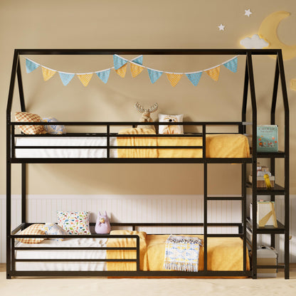 LIKIMIO Bunk Bed Twin Over Twin, Twin Bunk Beds Frame with 3-Tier Storage Bookshelf, Metal Twin House Bed Ladder and Safety Guardrail, Space Saving for Apartment or Dorm, No Box Spring Needed, Black