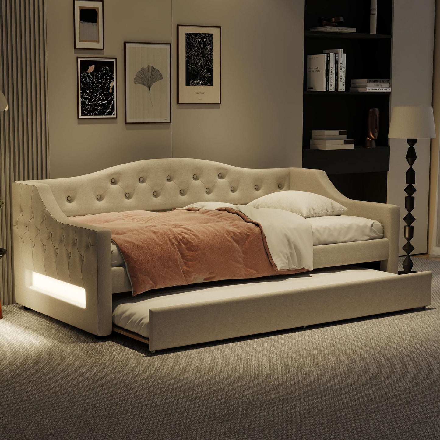 GDFStudio Twin XL Upholstered Daybed with Linen Fabric, LED Lighting Belt, Pull-Out Trundle, Sturdy Pine Wood Frame with Slats, Modern Beige Platform Bed for Users, No Box Spring Required, Beige