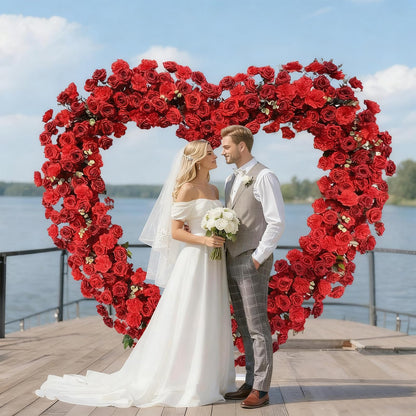 Heart Flower Arch Wedding Arch with Flowers, Romantic Heart Shaped Metal Archway for Indoor Outdoor Ceremony, Proposal, Party & Event Decoration (red)