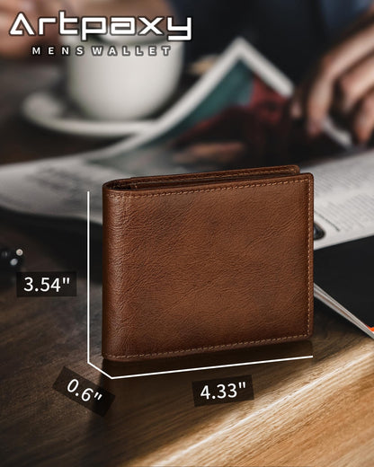 Artpaxy Mens Wallet Genuine Leather Bifold RFID Blocking Wallet for Men with 1 ID Window 13 Card Holders 2 cash pockets 1 Gift Box