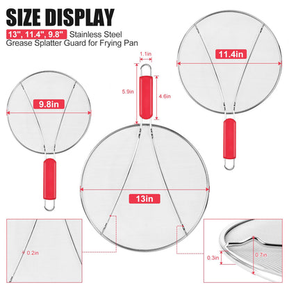 Stainless Steel Splatter Screen for Frying Pan - 9.8" 11.4" 13" Ultra Fine Mesh Grease Splatter Guard, Hot Oil Splatter Guard Shield Grease for Cooking, Kitchen Splash Guard to Prevent Oil Splatter