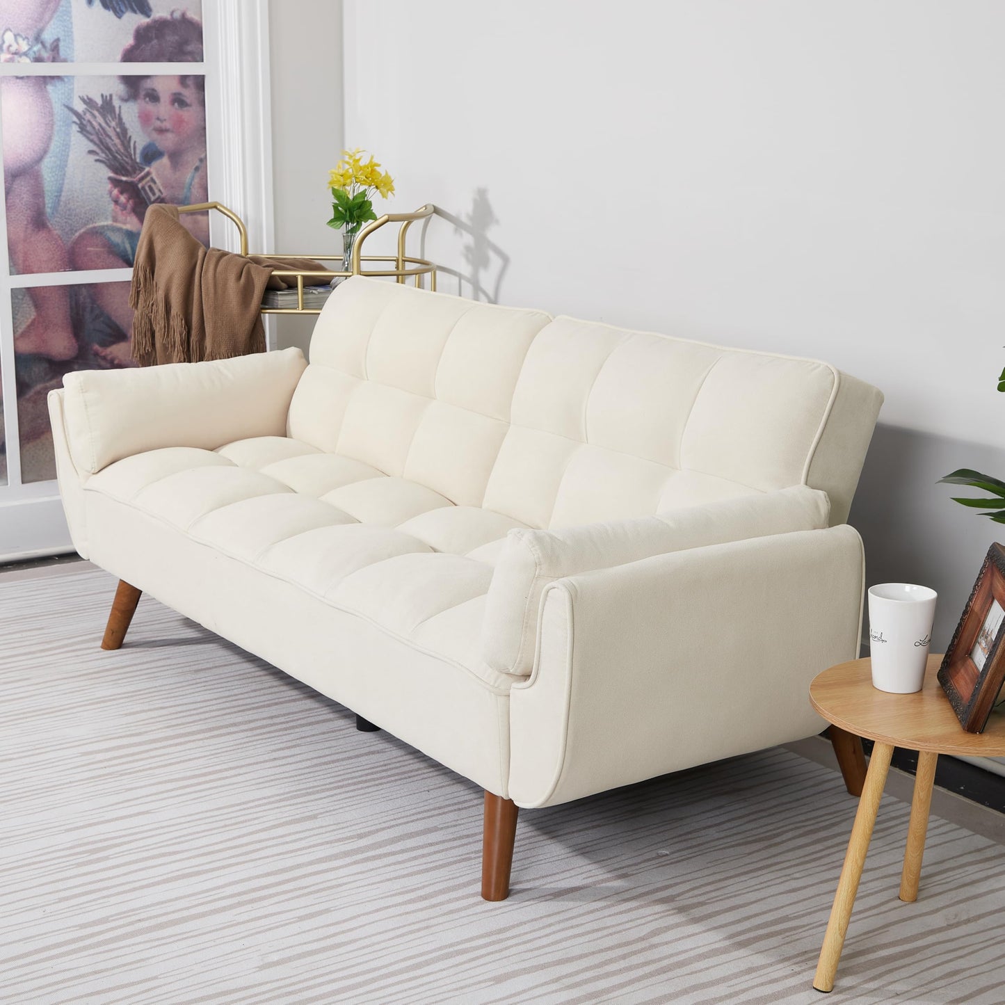 ERYE 75-Inch Upholstered Futon Sofabed for Bedroom Living Room, Modern Linen Tufted Convertible Futon Loveseat Sleeper Sofa Bed with Adjustable Backrest and Pillows