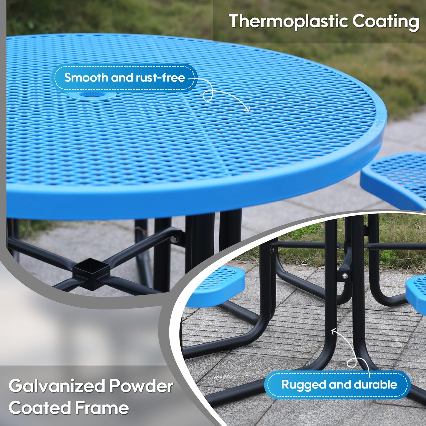 Sunnibety 8-Person Picnic Tables for Outdoors, Industrial 46" Expanded Metal Round Picnic Table with 4 Benches & Umbrella Hole, Outside Table and Bench Set for Park, Garden, Backyard, Patio, Blue