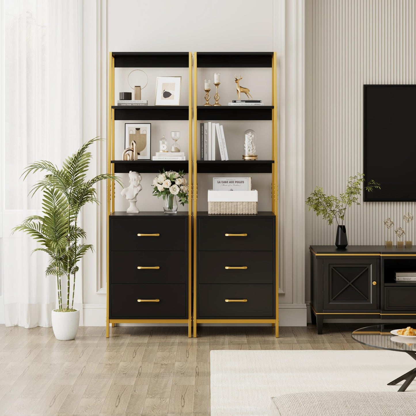 HITHOS 4-Tier Bookshelf, Tall Bookcase with 3 Wooden Drawers, Modern Ladder Book Shlef Storage Organizer for Living Room, Entryway, Office, Black Gold, 2 PCS