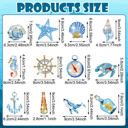 BBTO 15 Pcs Summer Ocean Diamond Painting Keychains Kits 5D DIY Summer Diamond Art Painting Keyrings Sea Animals Theme Key Chains for Beach Party Crafts Ornaments