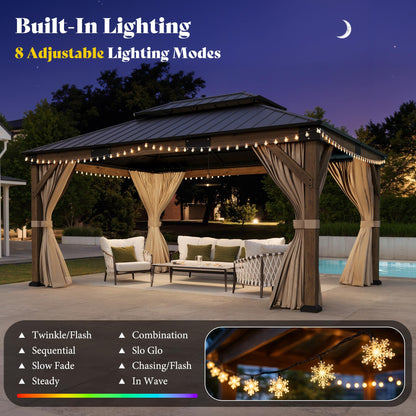 AMERLIFE 12' x 16' Heavy Duty Hardtop Gazebo with Double Metal Roof, Wood Gazebo with Privacy Curtains & Mosquito Netting, Outdoor Pavilion for Backyard, Garden & Patio, Brown