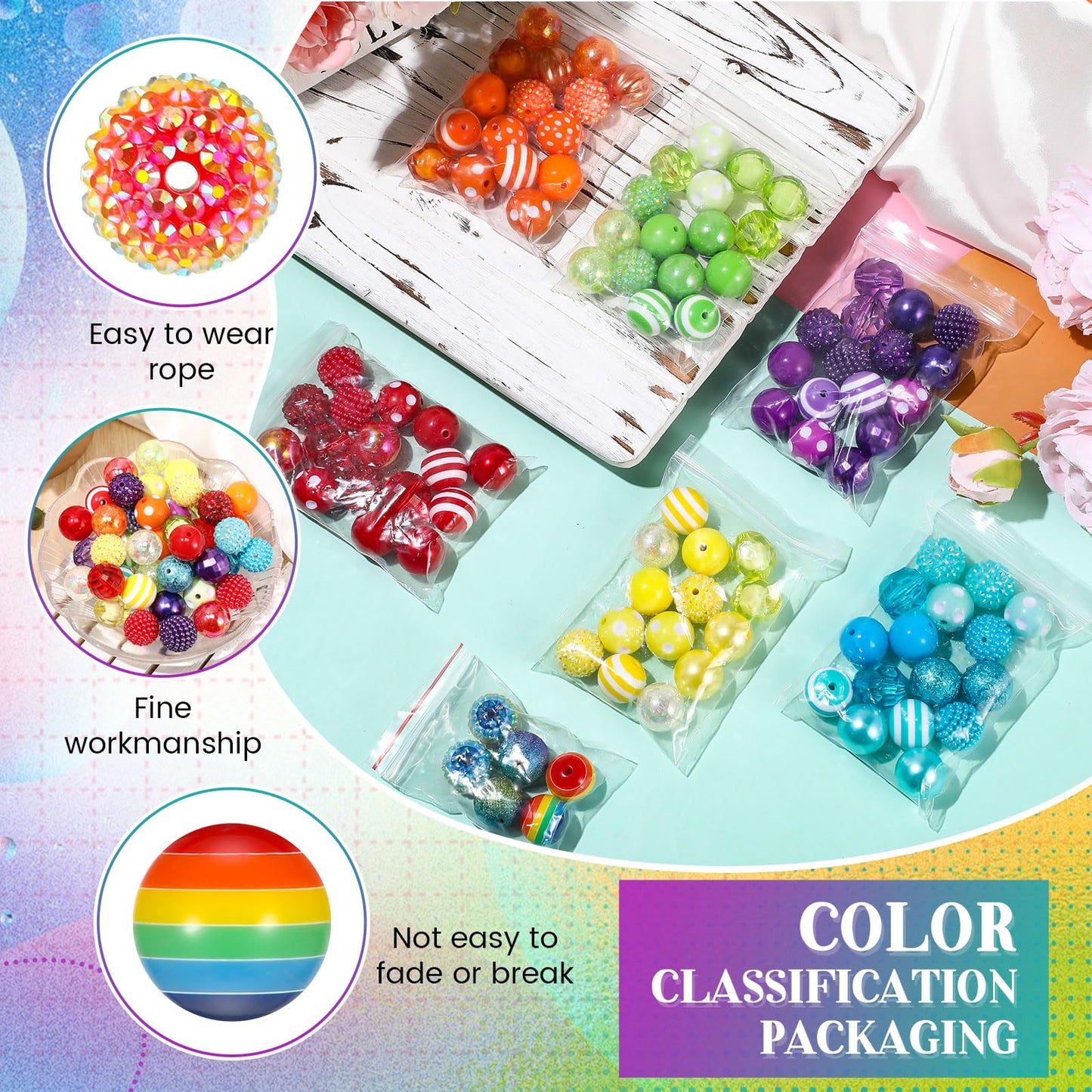 Huquary 100 Pcs 20mm Rhinestone Bubblegum Beads for Pens Mixed Crystal Resin Chunky Beads for DIY Craft Keychain Necklace Bracelet Jewelry Making(Rainbow Color)