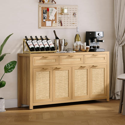 IDEALHOUSE Kitchen Sideboard Buffet Cabinet with Storage, 63in Large Farmhouse Wood Coffee Bar Credenza Cabinet with 3 Drawers and 4 Doors Adjustable Shelves for Living Room, Light Oak