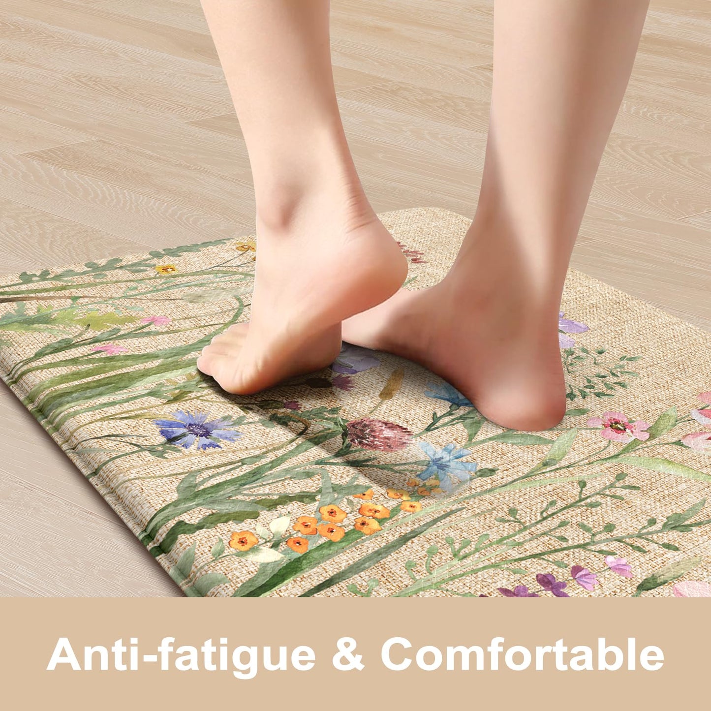 KIMODE Anti Fatigue Kitchen Mat, 17"x47"+17"x29" Floral Kitchen Rugs Sets of 2, Farmhouse Kitchen Floor Mats Non-Slip Cushioned, Comfort Standing Desk Mat for Sink, Laundry,Home Brown