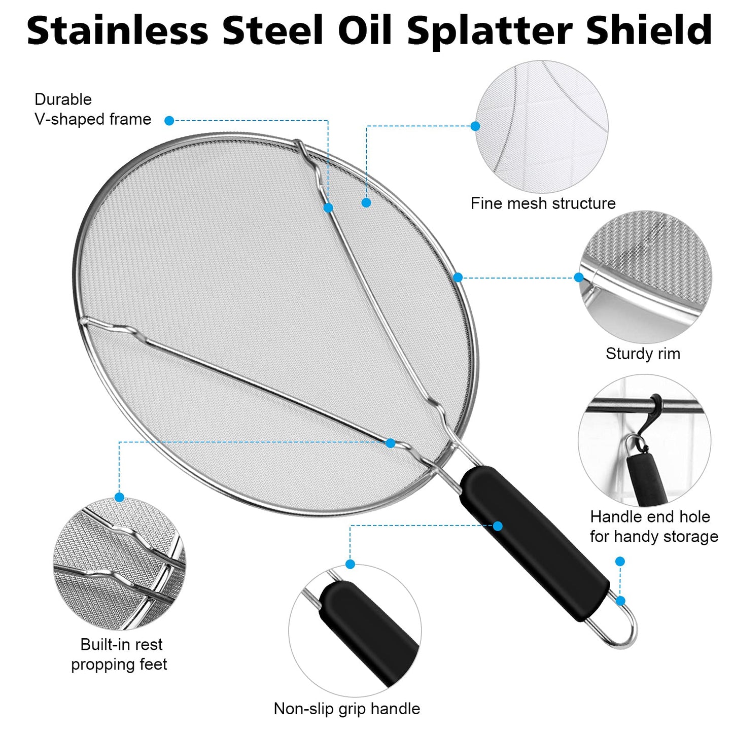 Splatter Screen for Frying Pan - 9.8" 11.4" 13" Stainless Steel Fine Mesh Grease Splatter Guard with Silicone Handle, Hot Oil Splash Guard for Cooking to Prevent Oil Splatter, Safe Cooking