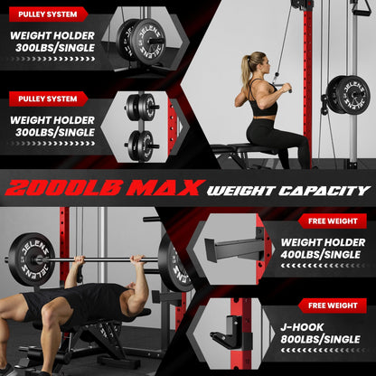 JELENS C21 Power Cage, 2000LBS Multi-Function Power Rack with Independent Dual Pulley System, All-in-One Squat Rack for Cable Crossover, Home Gym Workout Machine (Red,140LBS Black)