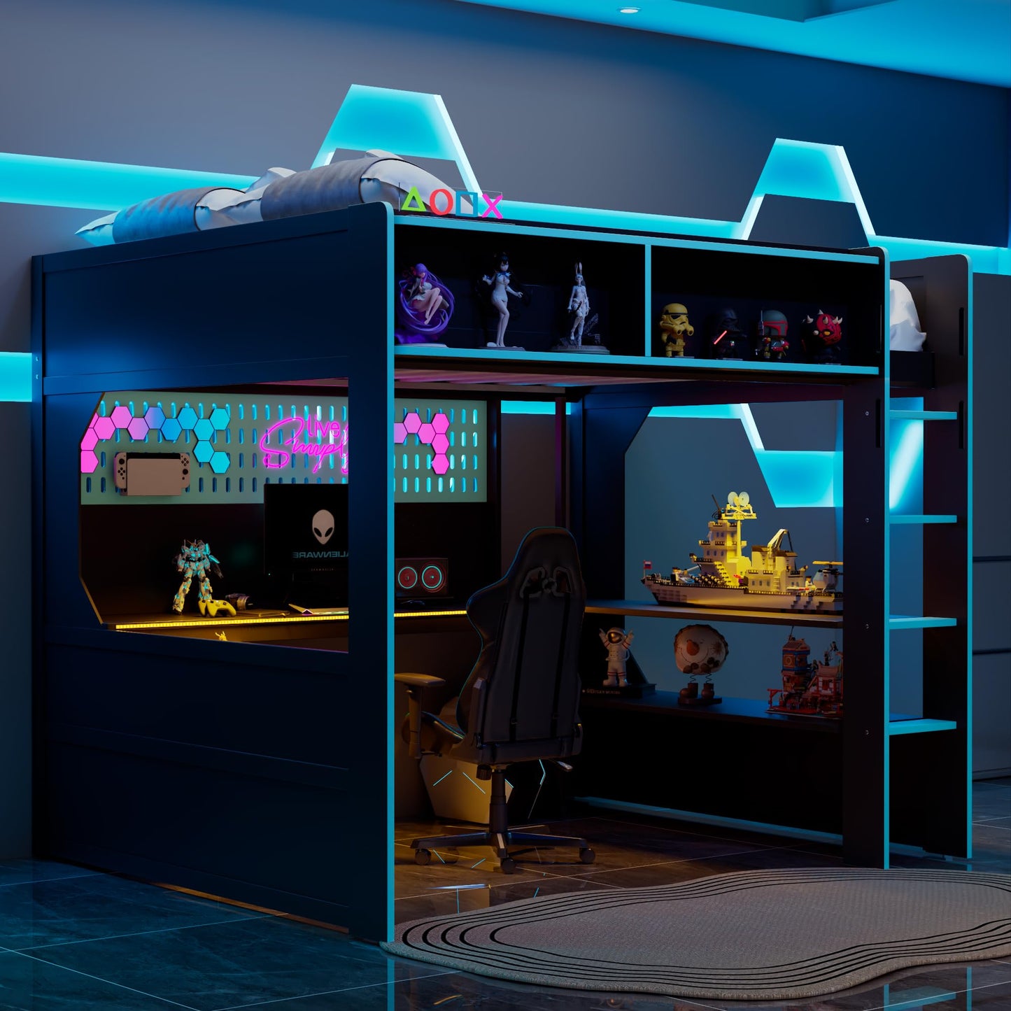 Merax Full Size Gaming Loft Bed with Integrated Desk and Lights, Modern Wooden Bed Frame with Desk and Built-in Charging Station, Black+Blue