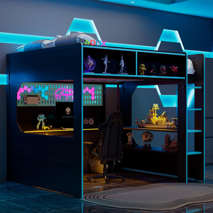Merax Full Size Gaming Loft Bed with Integrated Desk and Lights, Modern Wooden Bed Frame with Desk and Built-in Charging Station, Black+Blue