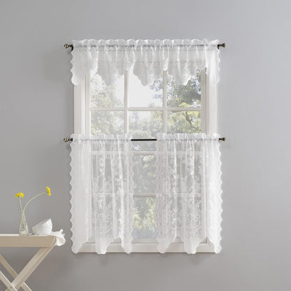 No. 918 Alison Floral Lace Sheer Rod Pocket Kitchen Curtain Tier Pair - 58" x 36", White