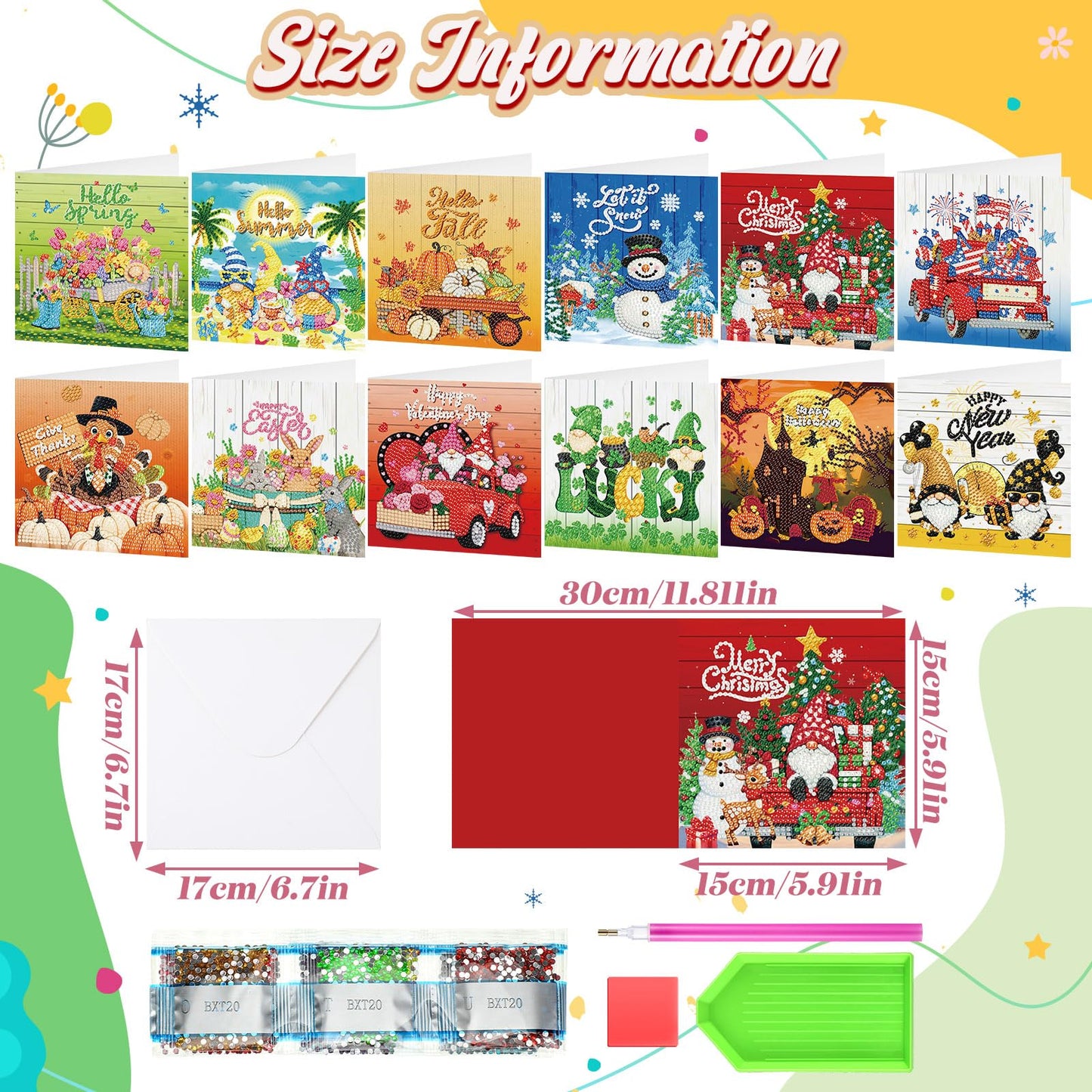 Saillong 12 Pack Holiday Diamond Painting Greeting Card Kit Seasonal Diamond Art Cards with Envelopes Summer Patriotic 5D Rhinestones Painting Making Kit for Adult DIY Craft Family Friend Holiday Gift