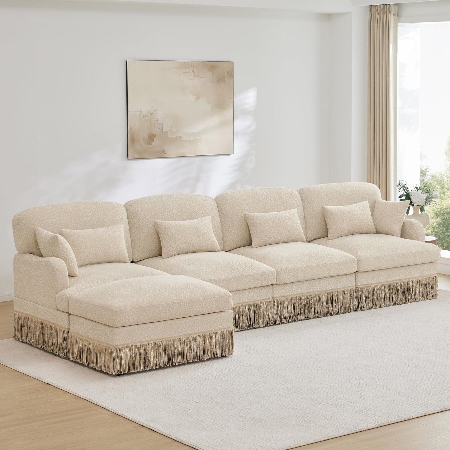 KEIKI 131.5" L Shaped Sectional Sofa with Ottoman, Oversized Modular Chenille Leopard Print Couch with Tassel Trim, Deep Seat Sofa for Living Room Corner Layout