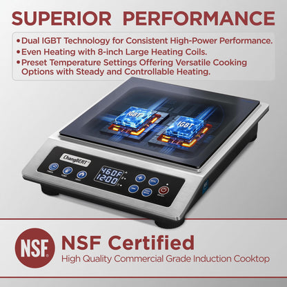 ChangBERT Portable Induction Cooktop Enhanced Version, One-Click Max Power 1800W Large Heating Coil Burner, Precise Temperature Control, NSF Certified Commercial Grade Low Noise Hot Plate
