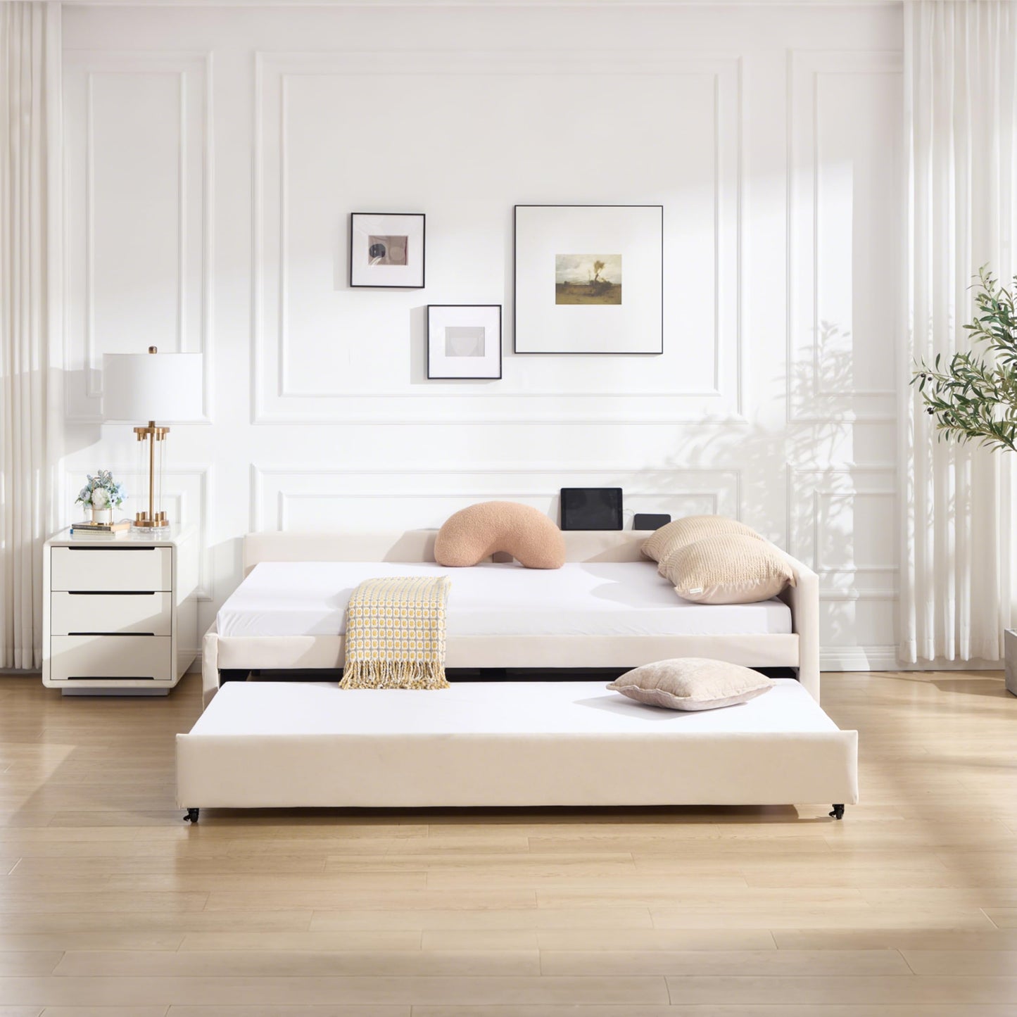 DNYN L-Shaped Corner Daybed with Pull-Out Trundle and Dual USB Ports for Bedroom/Guest Room, Velvet Bed Frame w/Wooden Slats Support and LED, Space-Saving & No Box Spring Needed, Beige