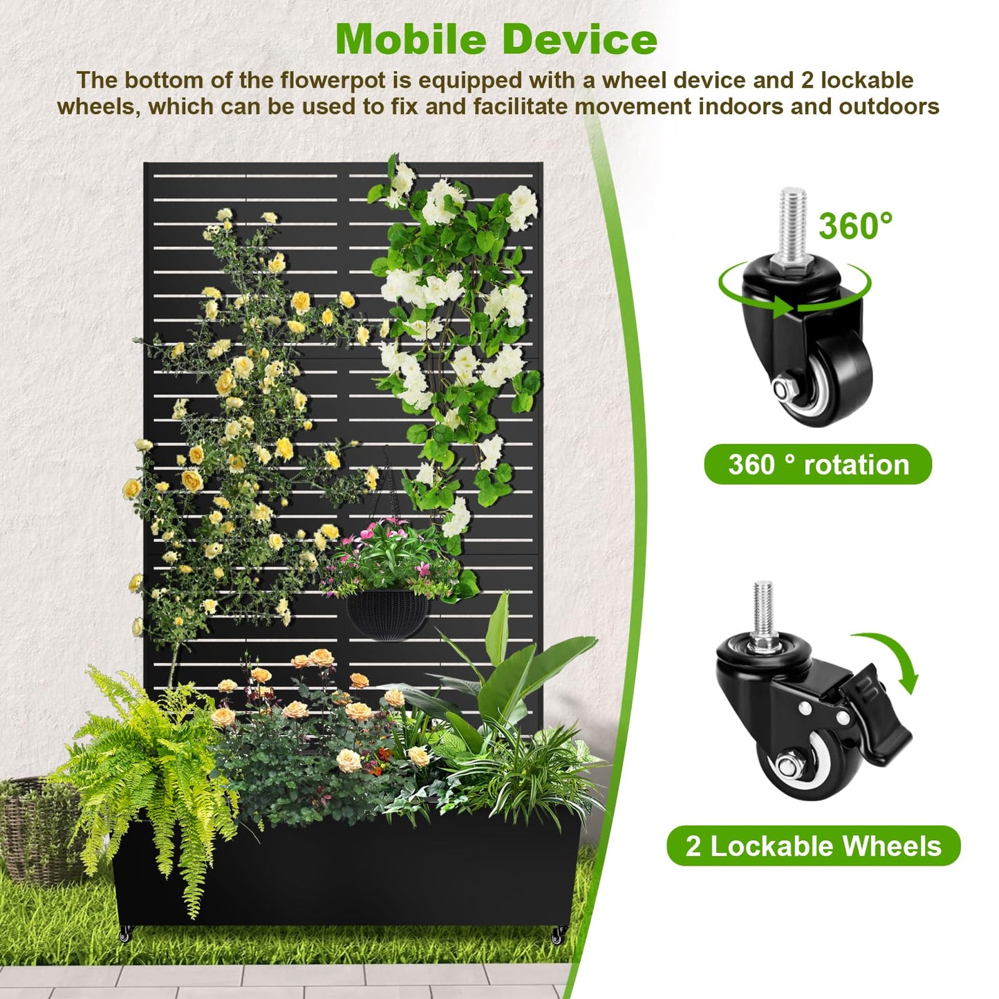 Meyoppm 72"x47"x16" Metal Planter Box with Trellis, Galvanized Steel Raised Garden Bed with Lockable Casters & Drainage Holes, Outdoor Large Planter Box for Climbing Plants, Vegetables & Flowers