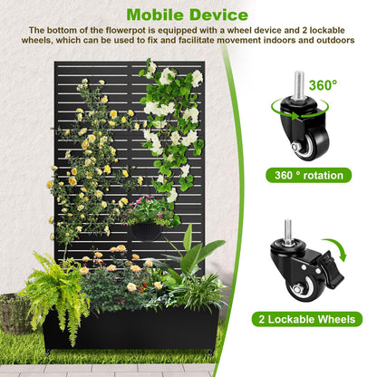 Meyoppm 72"x47"x16" Metal Planter Box with Trellis, Galvanized Steel Raised Garden Bed with Lockable Casters & Drainage Holes, Outdoor Large Planter Box for Climbing Plants, Vegetables & Flowers