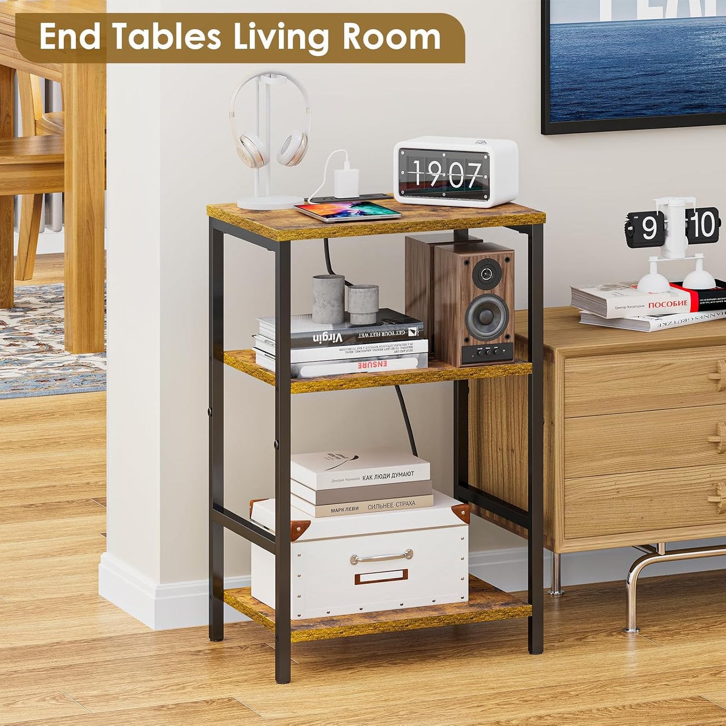 X-cosrack Side Table with Charging Station, End Table with USB Ports and Outlets, Nightstand with Storage Shelves