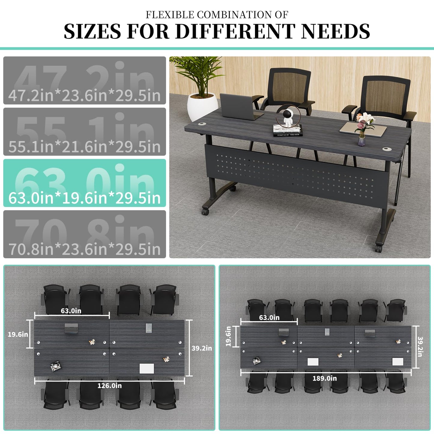 JNMDLAKO Modular Folding Conference Room Table with Wheels & 2 Cable Grommets - 6 Pack Flip Top Mobile Training Table,Modern Meeting Tables 2-30 Person, Black,61"x 19.6"x 29.5"