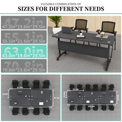 JNMDLAKO Modular Folding Conference Room Table with Wheels & 2 Cable Grommets - 6 Pack Flip Top Mobile Training Table,Modern Meeting Tables 2-30 Person, Black,61"x 19.6"x 29.5"