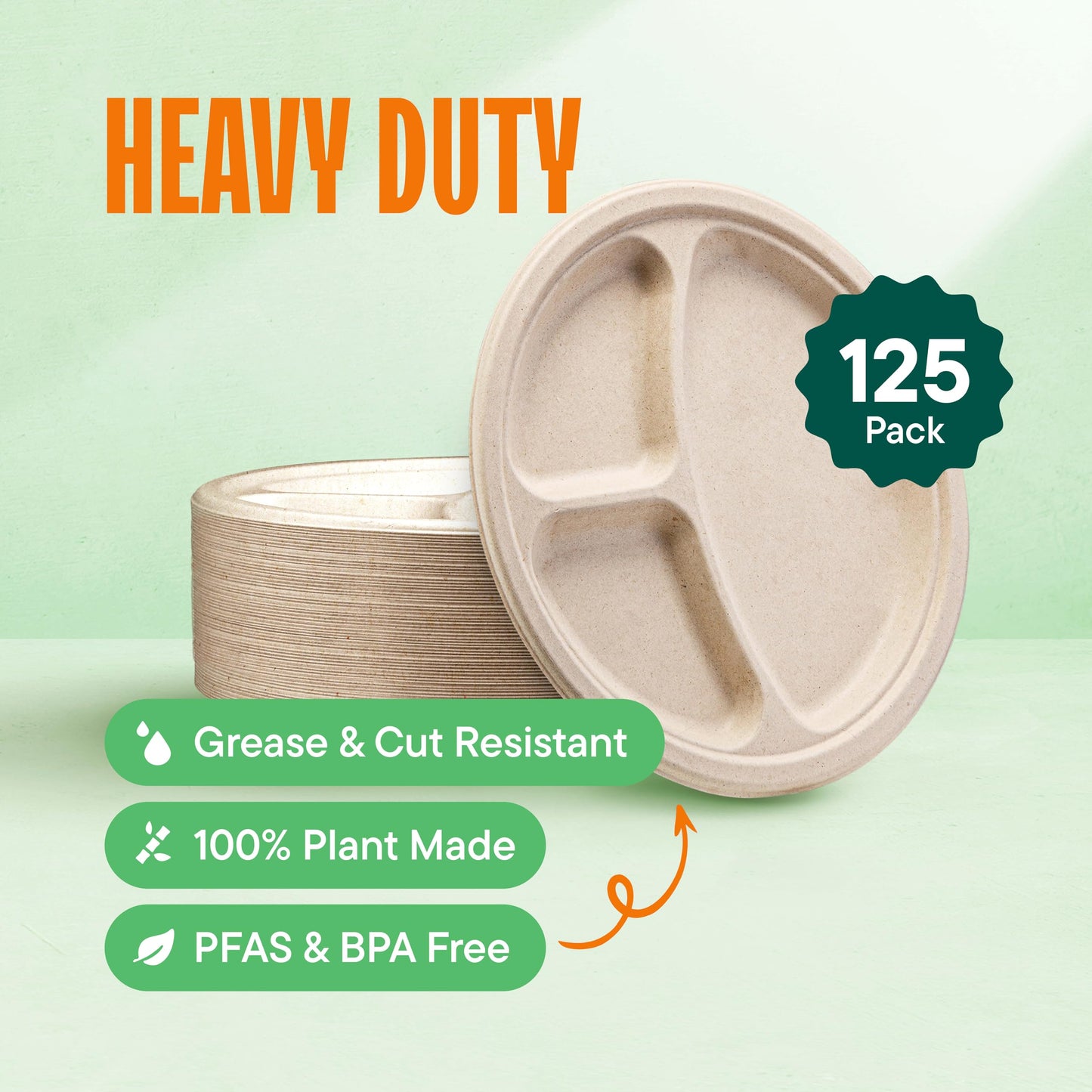 100% Compostable, 3 Compartment, Disposable Paper Plates [125-Pack] - {PFAS Free} - {BPA Certified} - [10 Inch] Heavy Duty Biodegradable Bagasse Sectional Lunch Trays + Dividers - Divided Platte Tray