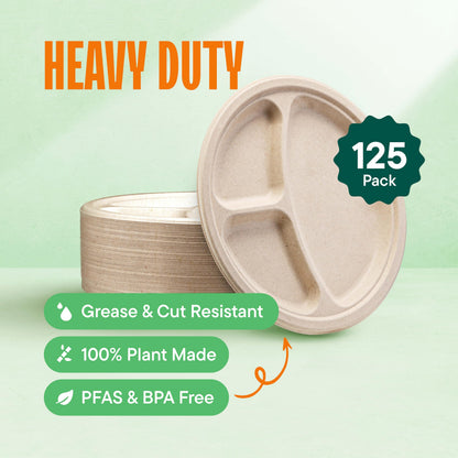 100% Compostable, 3 Compartment, Disposable Paper Plates [125-Pack] - {PFAS Free} - {BPA Certified} - [10 Inch] Heavy Duty Biodegradable Bagasse Sectional Lunch Trays + Dividers - Divided Platte Tray
