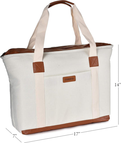 Insulated Grocery Bag with Zippered Top - Thermal Reusable Canvas Shopping Tote for Groceries - Leakproof Cooler Bags
