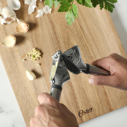 Oster Chadswyck 7.7” Garlic Press, Stainless Steel Garlic Mincer & Crusher, Easy Squeeze, Dishwasher Safe