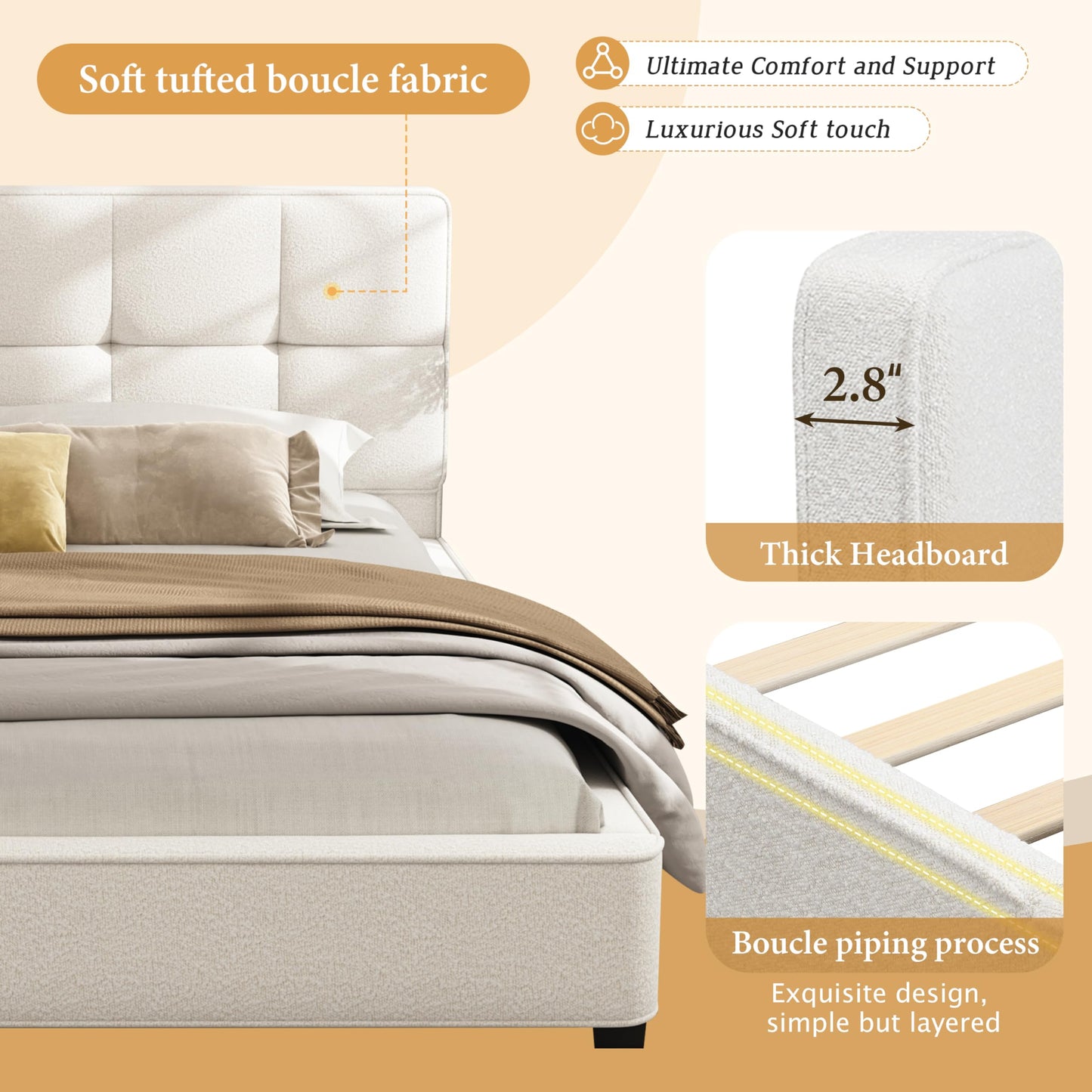 Christopher Knight Home Cordo King Size Bed, Velvet Upholstered Platform Bed, Wooden Slats Panel Support, Tufted Square Corners Haedboard, No Box Spring Needed, Easy Assembly, Beige