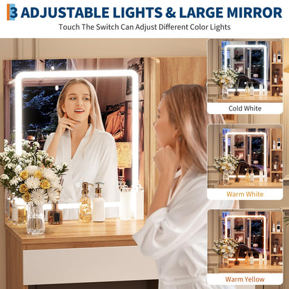 Vanity Desk with Mirror and LED Light, Vanity Desk with 4 Drawers, Power Outlet, Storage Stool, Open Shelves, Hairdryer Holder, Adjustable 3 Lighting Mode, Makeup Vanity Set for Bedroom, Wood Color