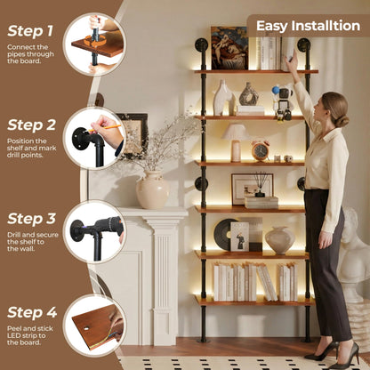 Anynice 6-Tier Ladder Shelf with Warm LED Light Strip, Solid Pine Wood Wall Mounted Bookshelf in Walnut Brown, 36-Inch Industrial Pipe Bookcase for Living Room, Bedroom, Home Office
