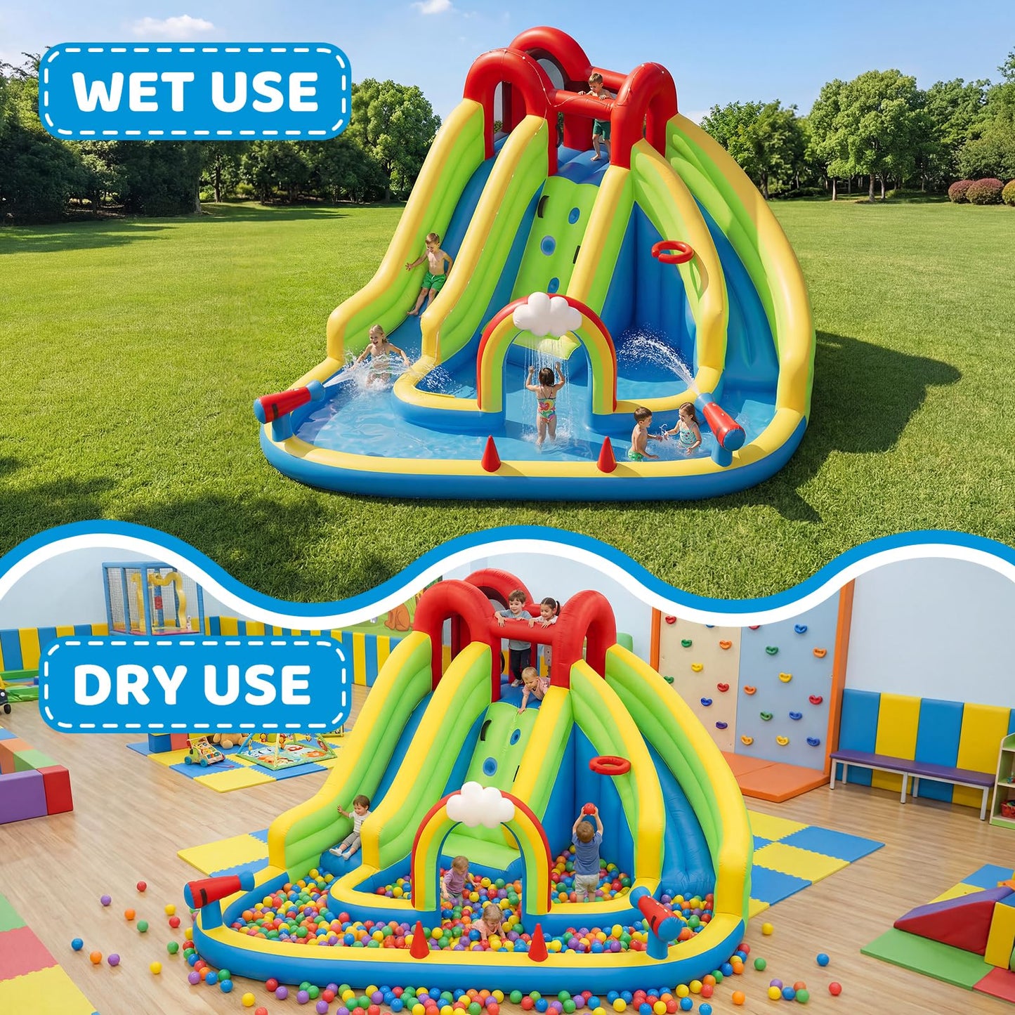 Sunswell Inflatable Water Slide, Blow Up Water Slides for Kids Backyard 6 in 1 Bounce House with 450w Blower, Water Park for Outdoor and Indoor, 15.68‘ x12.57'x86.68''