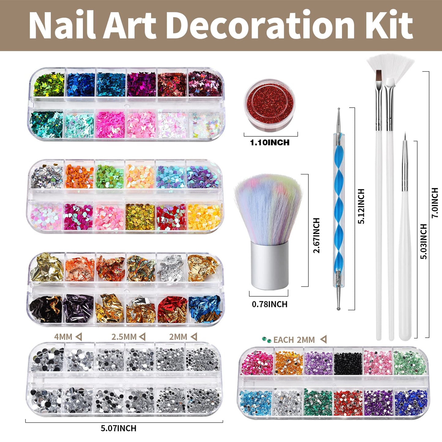 FANDAMEI Nail Art Kit, Nail Art Brushes Set, Nail Design Kit Dotting Tools, Fine Nail Glitter, Nail Decoration Butterfly Heart Glitter Sequins, Foil Flakes, Nail Rhinestones, Dust Brush