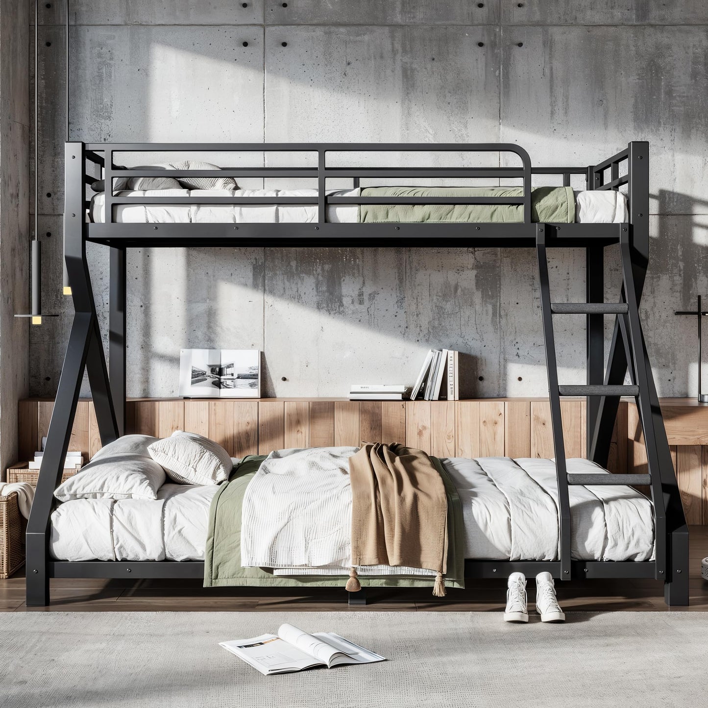 KEIKI Twin XL Over Queen Size Metal Bunk Bed Frame with Ladder & Guardrails, for Teens, Low Profile Design Modern Bunk Bed with Solid Slats, No Box Spring Required, Easy Assembly, for Bedroom, Black