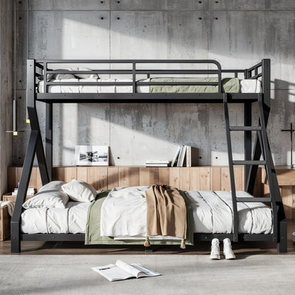 KEIKI Twin XL Over Queen Size Metal Bunk Bed Frame with Ladder & Guardrails, for Teens, Low Profile Design Modern Bunk Bed with Solid Slats, No Box Spring Required, Easy Assembly, for Bedroom, Black