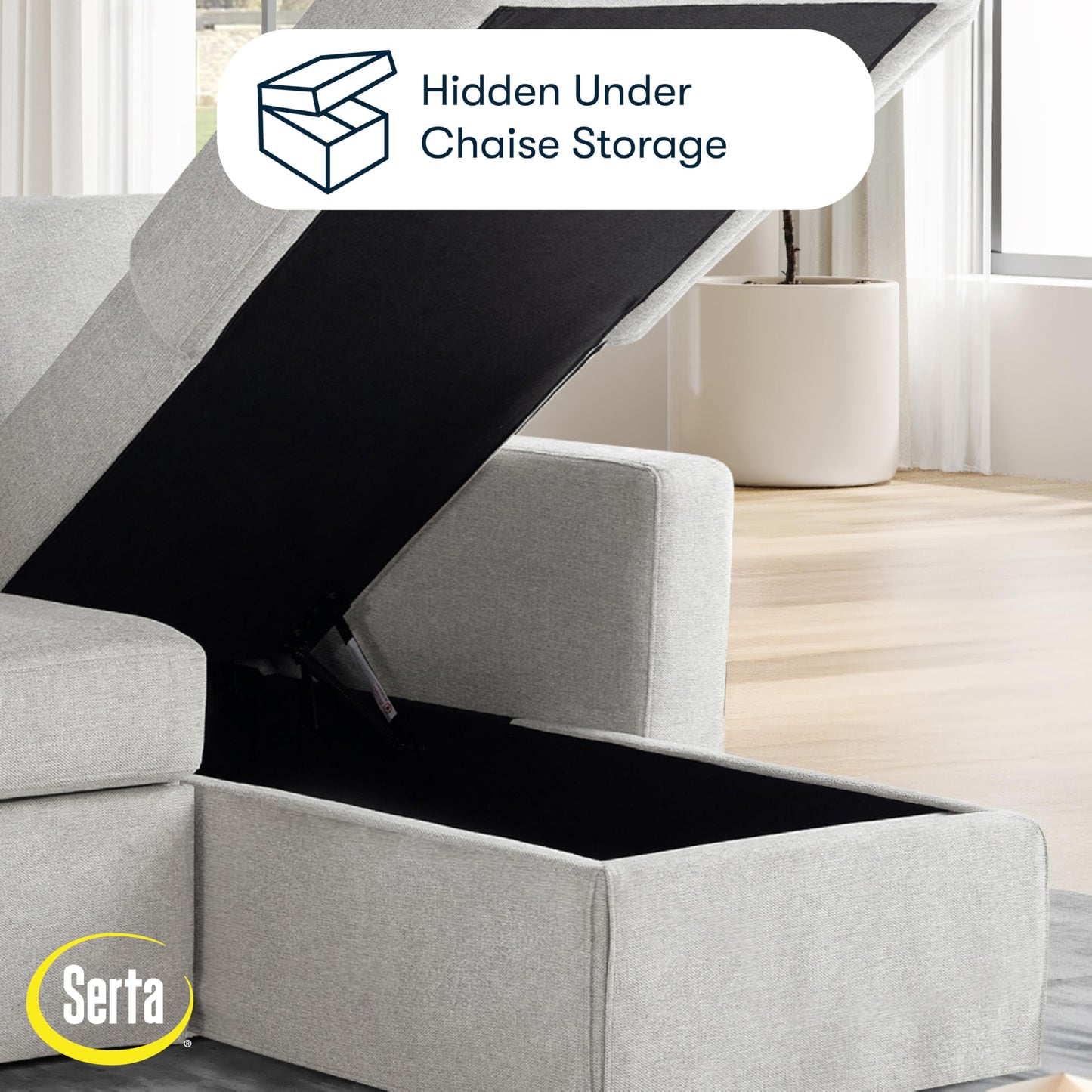 Serta Hawthorne 89.8" Slipcovered Convertible Sleeper Sofa Chaise, Queen Size, Dreamcoil Comfort, Reversible Storage Chaise, Polyester Tweed Fabric, Linen