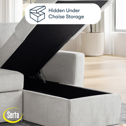 Serta Hawthorne 89.8" Slipcovered Convertible Sleeper Sofa Chaise, Queen Size, Dreamcoil Comfort, Reversible Storage Chaise, Polyester Tweed Fabric, Linen